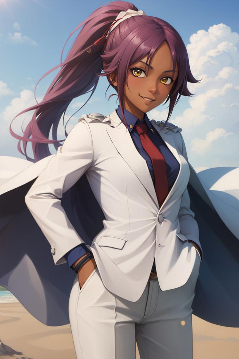 00066-2743385646-(masterpiece, best quality_1.2), , , cowboy shot, solo, 1girl, yoruichi shihouin, dark skin, dark-skinned female, smile, looking.jpg